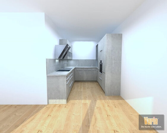 Moderne L-förmige Einbauküche mit grauen Fronten und Holzfußboden in hellem Raum.