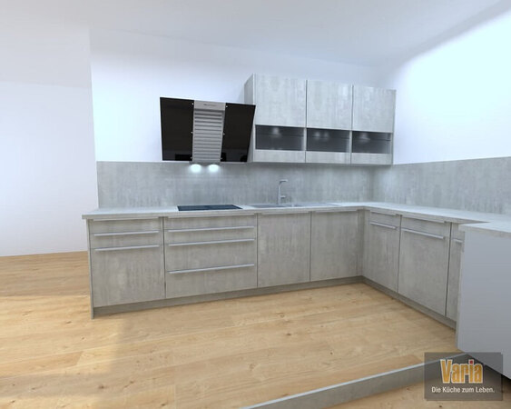 Moderne Einbauküche in L-Form mit grauen Fronten, Kochfeld und Dunstabzugshaube.