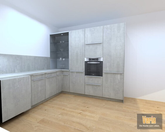 Moderne Einbauküche in L-Form mit grauen Fronten, Holzfußboden und Einbaugeräten.