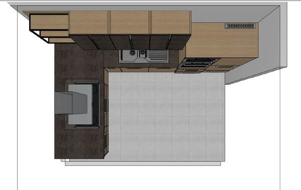 Moderne Einbauküche mit Kochinsel, Holzfronten, Elektrogeräten und Spüle von oben.