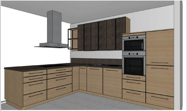 Moderne L-förmige Einbauküche mit Holzfronten, dunkler Arbeitsplatte und Elektrogeräten.