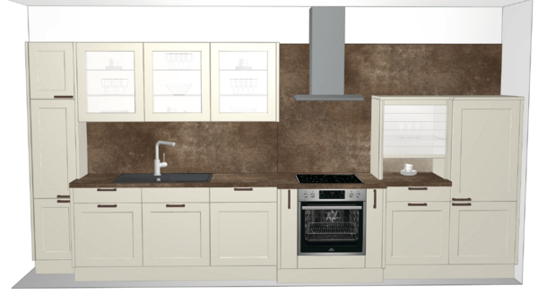 Moderne Einbauküche mit cremefarbenen Fronten, brauner Arbeitsplatte und Elektrogeräten.